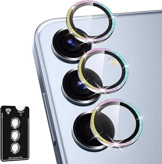 Avocase for Samsung Galaxy S25 Camera Lens Protector, Individual Metal Ring Tempered Glass Lens Cover, [Strong Adsorption] Scratch Resistant Ultra-Thin HD Clear Lens Cover, 1 Set-Colorful Sparkly