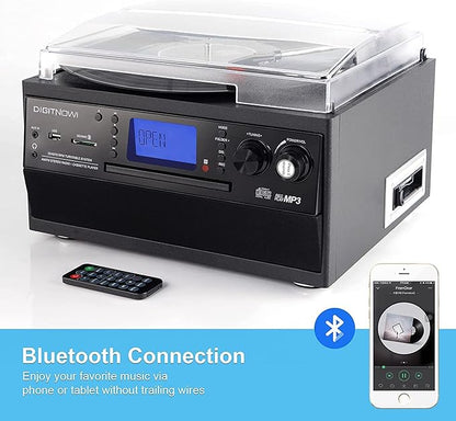 DIGITNOW Bluetooth Record Player Turntable with Stereo Speaker, LP Vinyl to MP3 Converter with CD, Cassette, Radio, Aux in and USB/SD Encoding, Remote Control, Audio Music Player Built in Amplifier