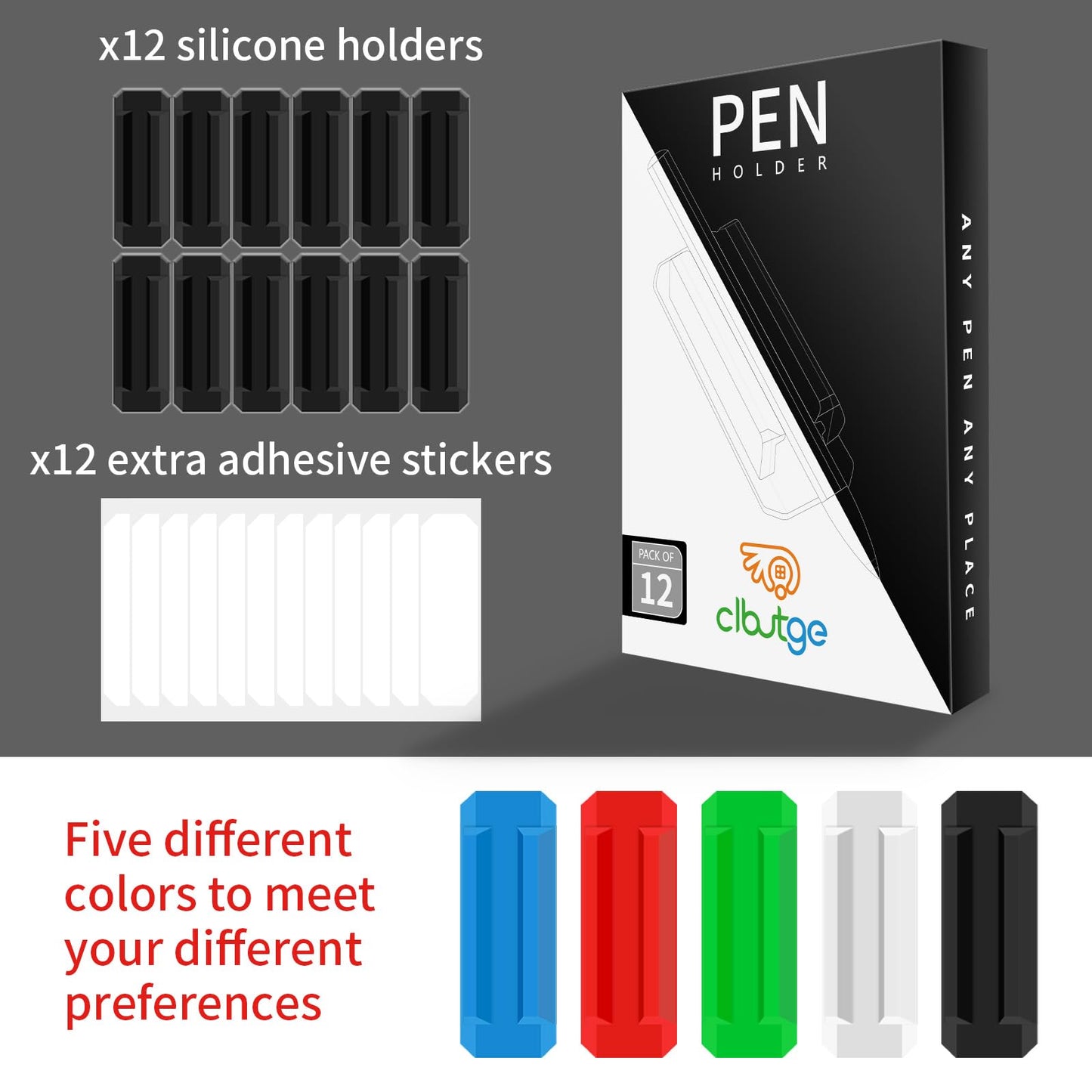 12 Pack Silicone Pen Holder/Pencil for Desk with 12 Extra Adhesive Stickers
