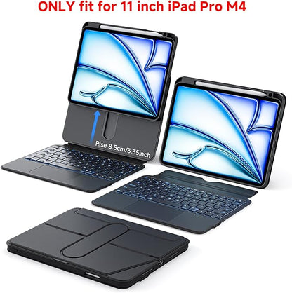 ONLY fit for 2024 M4 iPad Pro 11 inch Case with Keyboard Detachable Magic Keyboard Trackpad, 360 Rotating Cover with Pencil Holder Multi Angle Stand, 12 Shortcut Key, 7 Color Backlit, Black