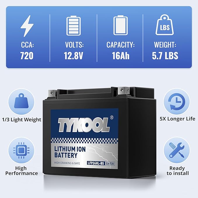 TYKOOL LFP24HL-BS Lithium Powersports Battery, Replaces YTX24HL-BS YTX24HL, 720CCA 16Ah fits for Can-Am Spyder RT F3 RS GS (2008-2022) Kawasaki Voyager XII (1986-2003) Honda GL1500 Gold Wing