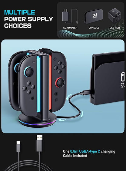 SUPCASE Charging Dock for Nintendo Switch 2 Joy Con, [Supports Dual-Side Charging] [9 Light Modes] Magnetic Controller Fast Charger Stand Station Compatible with Switch 2 Joy Con Accessories, Black
