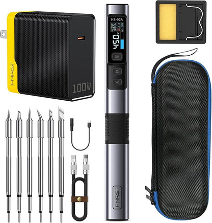 FNIRSI HS-02A 100W Portable Corded Soldering Iron Kit, 3S Fast Heating, 212-842℉, Pre-set 3 Groups Temperature, 6 F245 Soldering Tips, Smart Digital Soldering Iron Pen Tool for Electronics Repair
