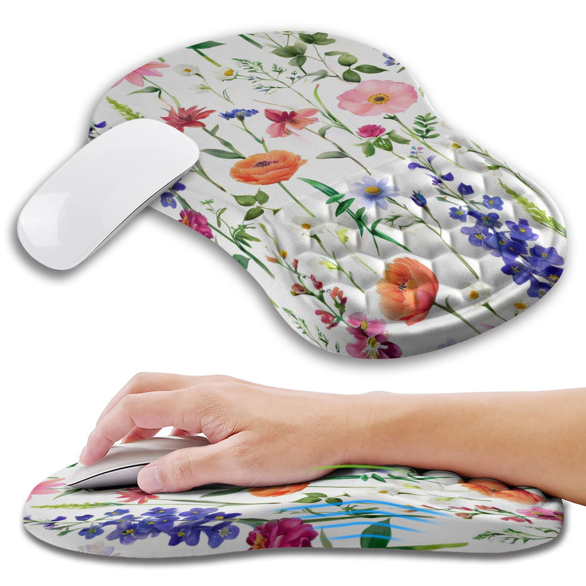 Kuosgm Ergonomic Mouse Pad Wrist Support with Memory Foam Massage Bulge, Carpal Tunnel Pain Relief Mousepad Wrist Rest for Mouse(12x8 inch, Pink Flowers)