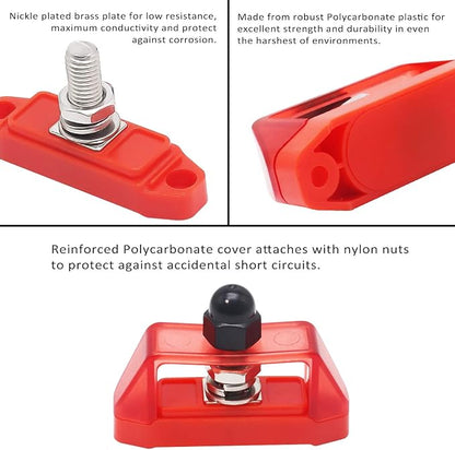 RECOIL S1P-38 Busbar Single 3/8” Studs Power Distribution Block with Ring Terminals Bus Bar Pair Red & Black