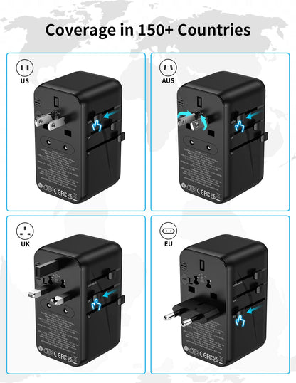 MOMAX 100W Universal Travel Adapter, 5-in-1 GaN International Power Adapter for Laptop, Phone, 2 USB-C PD & 2 USB-A QC Wall Charger, European Travel Plug Adapter for UK/US/AUS/JP, Travel Essentials