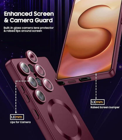 Magnetic for Samsung Galaxy S25 Ultra Case [Compatible with MagSafe][Built-in Camera Lens Protector] Slim Soft Silicone Bumper Shockproof Metallic Luster Phone Shell (Burgundy)