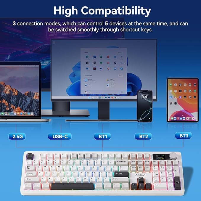 AULA F106PRO Wireless Keyboard, Full Size Mechanical Keyboard with Media Knob & Screen, 8000mAh Battery Hot Swappable Custom PBT keycaps Gaming Keyboard - Blaze Switch,Black White Grey