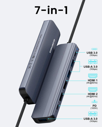 Glomtheia USB C Hub Docking Station Dual Monitor for Laptop, MacBook Air/Pro Dock Adapter Multiport Dongle with 2 HDMI Ports 4K 60Hz, 100W PD Charging, 3 USBA 3.0 & USBC