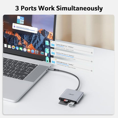 Acer SD Card Reader USB C, 3 in 1 Memory Card Reader with Dual Slots & USB 3.0, Micro SD Card Adapter for iPhone 16/15 Compatible with Camera, Android, MacBook Pro/Air, Laptop