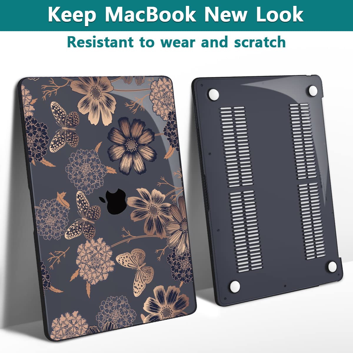 Teryeefi for MacBook Air 13 inch Case 2021 2020 2019 2018 Release (Model A2337 A2179 A1932 Retina Display with Touch ID), Plastic Hard Shell Case & Keyboard Cover for MacBook Air 13 M1, Gold Flowers