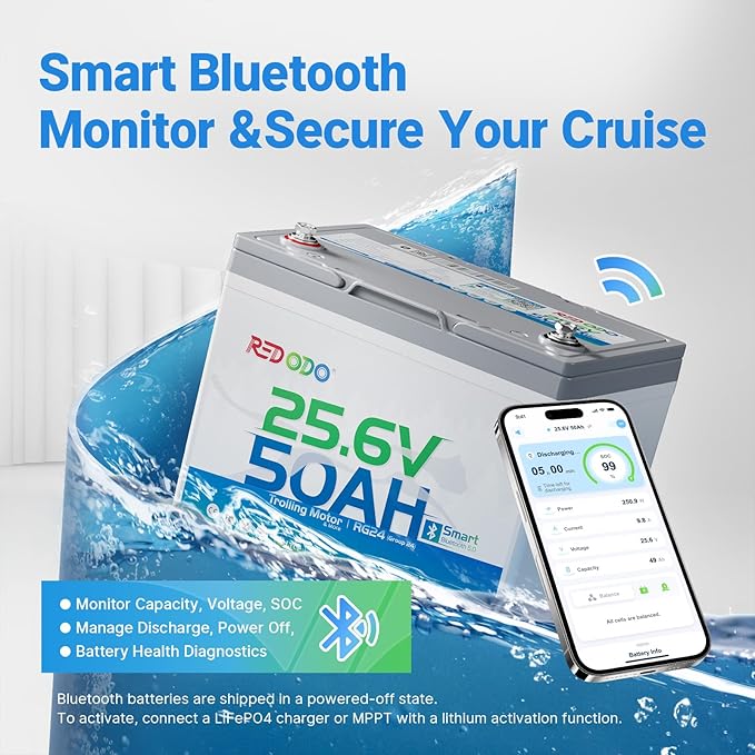 Redodo LiFePO4 Battery Smart Bluetooth 24V 50Ah TM Low-Temp, Lithium Battery Built in 50Ah BMS, 10 Years Lifespan, Perfect for Trolling Motor, Marine, RV, Fishing Finder, Solar and Off Grid