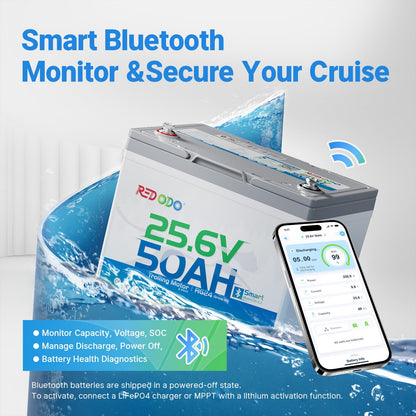 Redodo Bluetooth 24V 50Ah TM Low-Temp LiFePO4 Battery, Smart Lithium Battery Built in 50Ah BMS, 10 Years Lifespan, Perfect for Trolling Motor, Marine, RV, Fishing Finder, Solar and Off Grid-4 Pack