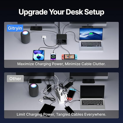 Gitryin 10-in-1 Desktop Charging Station with 2 Retractable Type-C Wall Chargers, 40W USB-C Power Strip with Flat Plug, Extension Cord with 1020J Surge Protection for Home Office