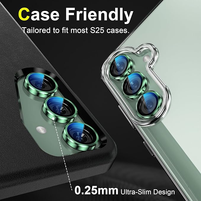 YWXTW Camera Lens Protector for Samsung Galaxy S25+ Plus Accessories [1:1 Fit & Ultra Clarity] 9H Tempered Glass Metal Individual Ring Camera Cover Screen Protector, Case Friendly (Green)