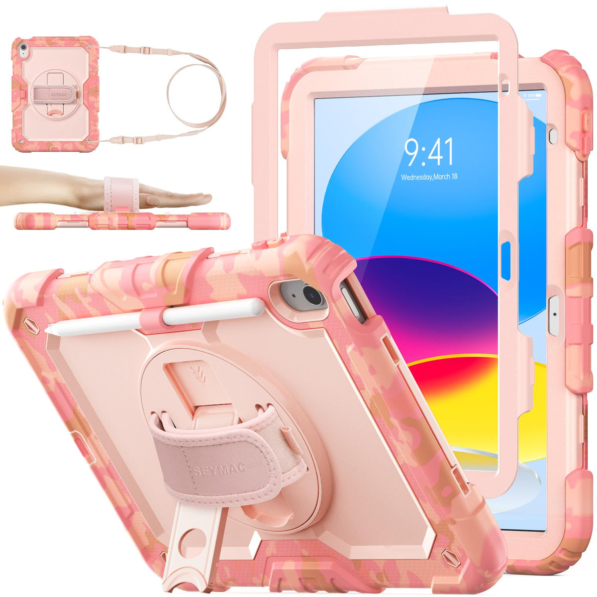 SEYMAC stock Case for iPad (A16) 11th/10th Generation 11''/10.9'' 2025/2022, Full-Body Drop Protection Case with Screen Protector &360° Rotate Hand Strap/Stand, Pink+Black