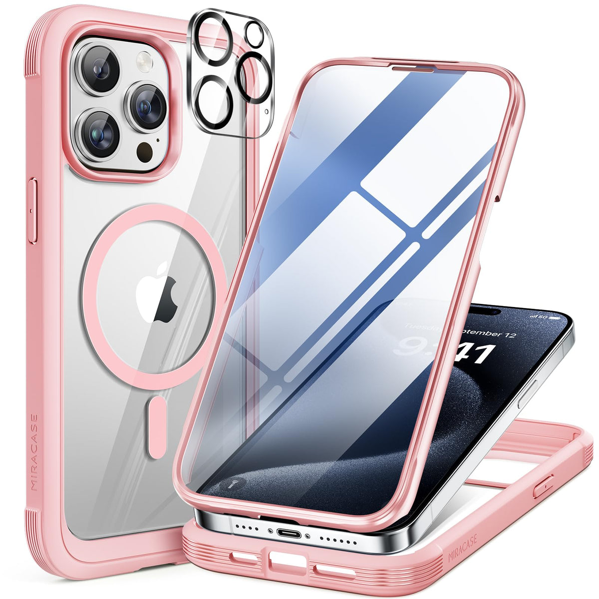 Miracase for iPhone 13 Case 6.1'',Full-Body Magnetic Clear Bumper Case with Built-in 9H Tempered Glass Screen Protector,Military Drop Protection Outdoor Phone Case — iPhone 15 Pro Max