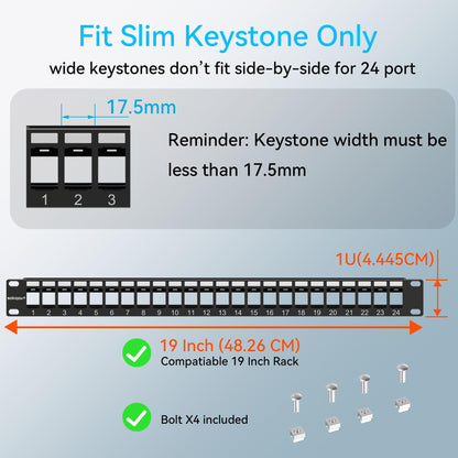 Sokqovt 24 Port Blank Keystone Patch Panel with Snap-in Design (4 Pack), Cat6 Network Patch Panel 1U 19 inch, Rack Mount Ethernet Patch Panel (for Slim Keystone Only)