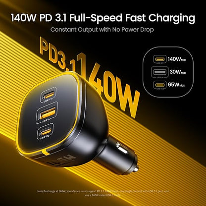 AOHI 165W Laptop Car Charger Adapter 140W PD 3.1/ 100W PD 3.0 USB C Super Fast Charging PPS 45W 3-Ports QC5.0 Car Lighter Charger for MacBook Pro, iPhone 16/15, Galaxy S24 Ultra, iPad, Black