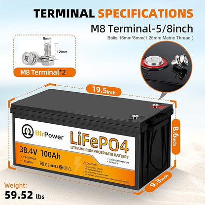 36V 100Ah LiFePO4 Battery, Built-in 100A BMS,3840Wh Lithium Battery,4000-15000 Deep Cycles & 10-Year Lifetime, Perfect for Marine, RV, Marine, Trolling Motor, Solar Off-Grid System