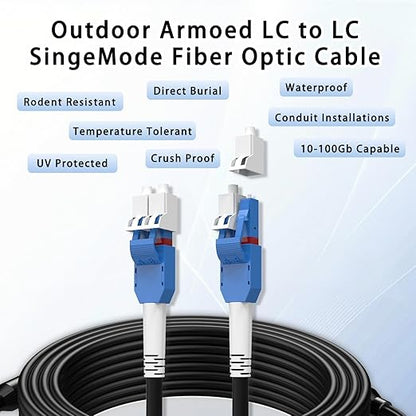 3M/10FT LC to LC Armored Outdoor Fiber Optic Cable, Single Mode Duplex 9/125μm SMF Fiber Patch Cord, OS1/OS2 Compatible, Black LSZH Jacket, Uniboot Jumper for FTTH, Data Center, Long-Distance Use
