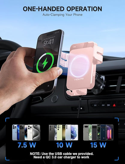 MOKPR Wireless Car Charger, 15W Auto Clamping Car Charger Dash Windshield Air Vent Phone Holder Compatible with iPhone 16 15 14/13/13 Pro/12 pro/12/11/X/8, Samsung S24/S23/S22, Pink