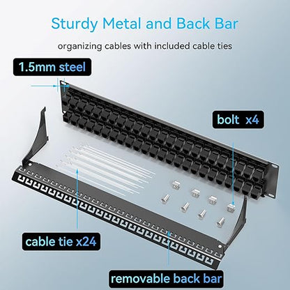 Sokqovt Patch Panel 48 Port Cat6 with Coupler Keystone, Cat6 Network Patch Panel 10G No Punch Down, Time-Saver Ethernet 2U Rj45 Panel with Sturdy Back Bar, 19 Inch Coupler Network Panel