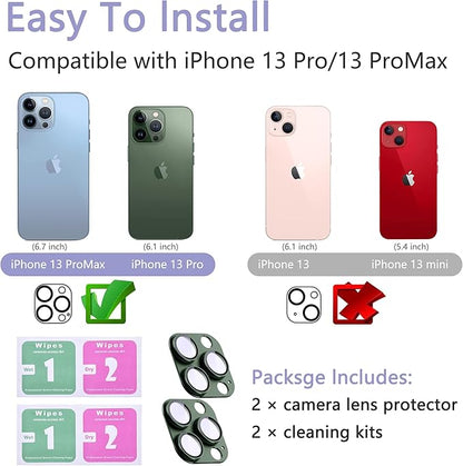 2 Pack Camera Lens Protector for iPhone 13 Pro/iPhone 13 Pro Max,[Not Easy to Breakn ] AR Tempered Glass Strong Adsorption Metal Camera Cover Screen-Dark Green