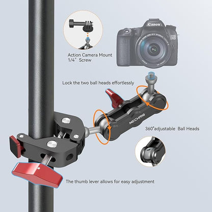 Camera Clamp Mount & 360°Ball Head Magic Arm with Adapter for Go pro, Aluminum Double Ball Head Adapters, Heavy Duty Super Clamp with 1/4"-20 & 3/8"-16 Thread -SJ008