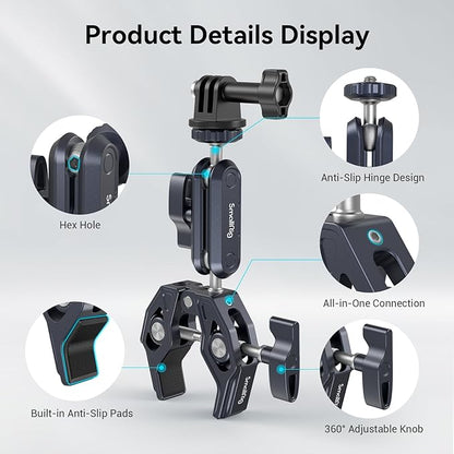 SMALLRIG Camera Mount Clamp, Ballhead Magic Arm and Adapter for Gopro, Camera Monitor Mount with 1/4"-20, 3/8"-16 Threaded Holes, Super Clamp for Gopro/DSLR/Stabilizer