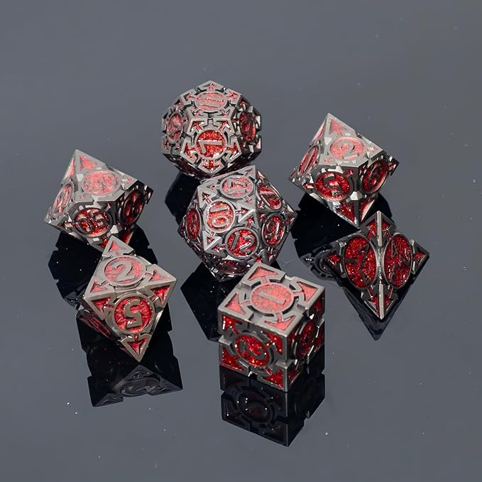 Red Black Nickel Finish Heavy Metal DND Dice Set (Barbarian) with A Metal Box, Sharp Edge Zinc Alloy D&D Accessories, D4-D20, Designed for Dungeons & Dragons Master, RPG Player, Starter