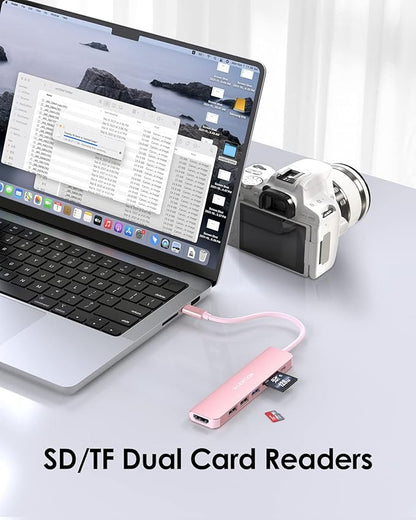 LENTION USB C Hub with 100W Charging, 4K HDMI, Dual Card Reader, USB 3.0 & 2.0 Compatible MacBook Pro, New Mac Air/Surface, Chromebook, More, Stable Driver Adapter (CB-CE18, Rose Gold)