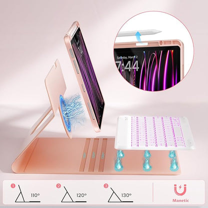 OYEEICE Keyboard Case for iPad Pro 12.9 inch 6th Gen 2022, 5th 2021, 4th 2020, Rotating Detachable Clear Cover with 7 Colorful Backlit Keyboard Wireless, Pencil Holder, Auto Wake/Sleep - Pink