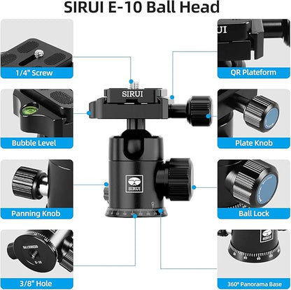 SIRUI Traveler 7C Camera Tripod 65.55 inches Carbon Fiber Arca Tripod with E-10 360° Panorama Ball Head and Arca Swiss Quick Release Plate Load Capacity Up to 17.6lbs, Convertible to Monopod