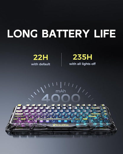 GravaStar Mercury K1 Lite 75% Gaming Keyboard, 2.4GHz/BT/Wired Tri-Mode Wireless Keyboard, Gasket Hot Swappable Mechanical Keyboard, Pre-lubed Linear Switches, RGB Backlit - Transparent Black