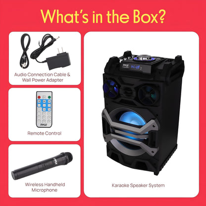 Pyle 500 Watt Portable BT Connectivity Karaoke Speaker System - PA Stereo with 8" Subwoofer, DJ Lights Rechargeable Battery Microphone, Recording Ability, MP3/USB/SD/FM Radio - PWMA325BT