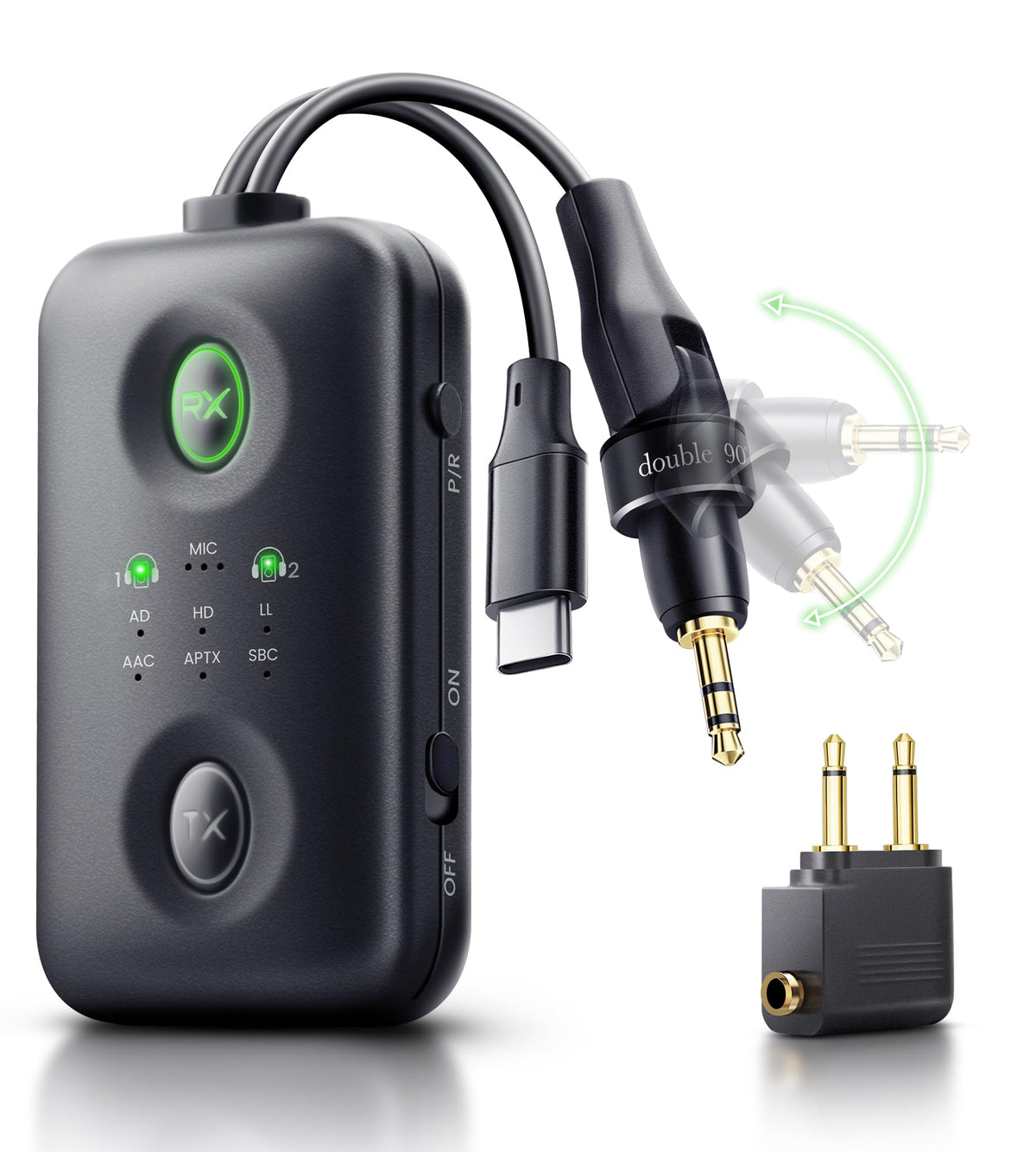 Unique Design Bluetooth 5.4 Transmitter Receiver with Qualcomm aptX Adaptive for Dual AirPods/Headphones, 3.5mm Aux Jack & USB C Bluetooth Adapter for Airplane/TV/PS5/Gym/Phone (for TV)
