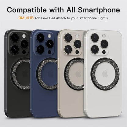 COOLQO 1Pc 360 Spin Cell Grip Ring Phone Stand [Upgrade Gear Hinge Stress Relief] Magnetic Holders for Your car Accessories Desk Mount Compatible with iPhone All Smartphone, Glitter Black