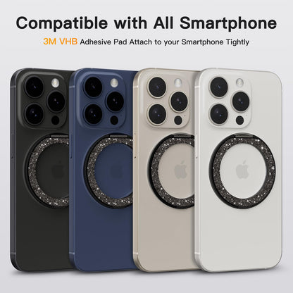 COOLQO 2Pcs 360 Spin Cell Grip Ring Phone Stand [Upgrade Gear Hinge Stress Relief] Magnetic Holders for Your car Accessories Desk Mount Compatible with iPhone All Smartphone, Glitter Black