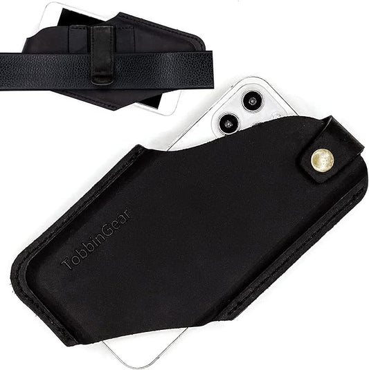 TobbinGear Leather Cell Phone Holster with Belt Clip, Universal Phone Holster for Men Belt Holder, Leather Case for iPhone, Samsung Galaxy Phones, Right Hand, Medium, Black