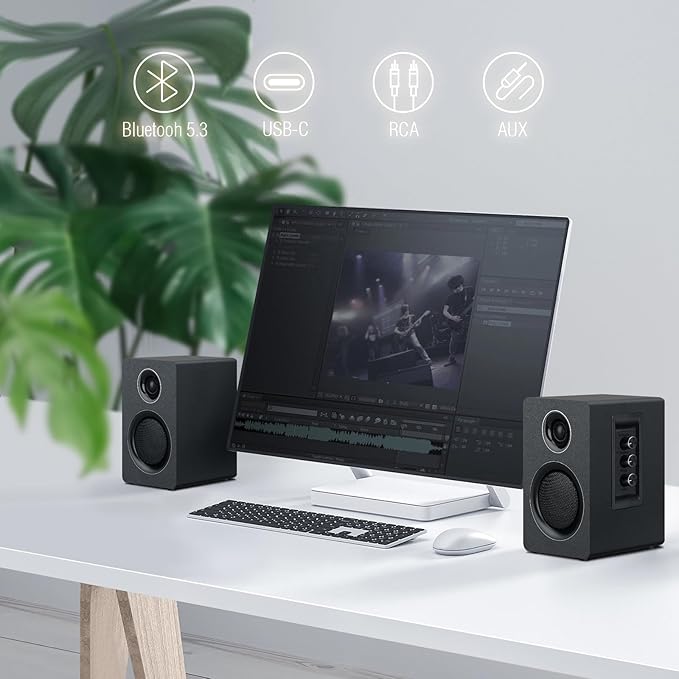 Computer Speakers for Desktop PC, Active Bookshelf Speaker with 3‘’ Carbon Fiber Woofer and Silk Film Tweeter ,Supports Bluetooth 5.3, USB-C, AUX/RCA Input for Record Player TV - Black Stereo Set