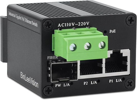 BinLeeVision 3-Port Gigabit PoE+ Switch, 2×40W PoE RJ45 Per Port, 1G SFP Uplink, Industrial Unmanaged, 6KV Surge Protection, Fanless Metal, DIN Rail/Wall/Desktop Mount, -40°C to 75°C, Plug & Play