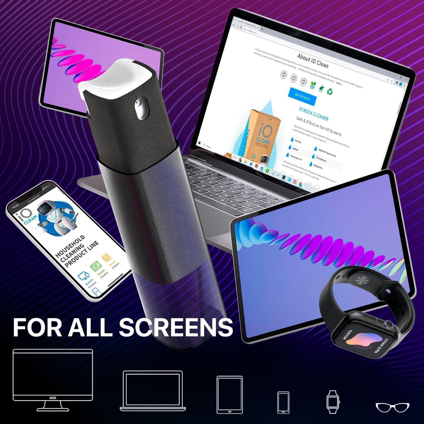 IO CLEAN Mini Screen Cleaner Spray – Finger Proof Screen Cleaner for Smartphones, iPads, MacBooks, Laptops, Car Screens, Touchscreens – 3in1 Mist Cleaner, Microfiber Cloth and Protective Cover (Khaki)