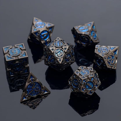 Blue Black Nickel Finish Heavy Metal DND Dice Set (Wizard) with A Metal Box, Sharp Edge Zinc Alloy D&D Accessories, D4-D20, Designed for Dungeons & Dragons Master, RPG Player, Starter