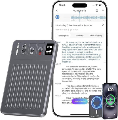 AI Voice Recorder - 64GB Voice Recorder with Free Transcribe & AI Summary by ChatGPT, APP & Web Control, 121 Languages, Wireless Charging, for Meetings/Calls (Grey)