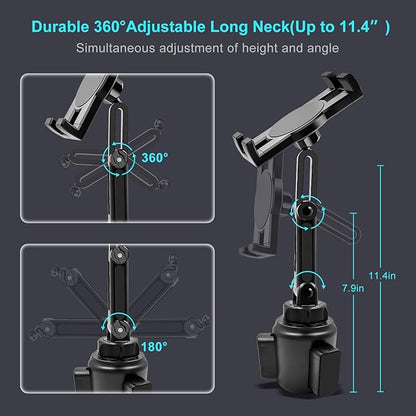 Cup Holder Car Tablet Mount, 360° Adjustable 2-Arm Stand Holder for iPad Pro 12.9/11/10.5/9.7/Air/Mini 6/5/4, Samsung Galaxy Tab/Z Fold 6/5, Amazon Fire HD, iPhone 16/15/14/Pro, 4.7-12.9" Tab & Phone