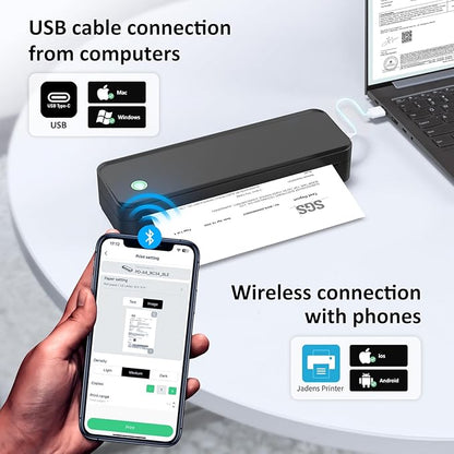 Inkless Portable Printer for Travel, Wireless Thermal Printer Supports 8.5 x 11 Inch Thermal Paper, Bluetooth Machine Includes Carry Case and 3 Rolls of Paper Kit, Black