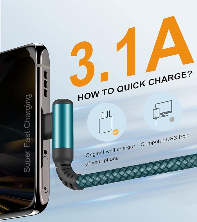 sweguard USB Type C Charger Cable Right Angle [2-Pack,6.6FT] iPhone 15 Charger Nylon Braided Cord for iPhone 16 15 Pro Max Samsung Galaxy S25 S24 S23 S22 S21 S20 S10 S9 Note A15 A55 Flip Pixel LG Moto