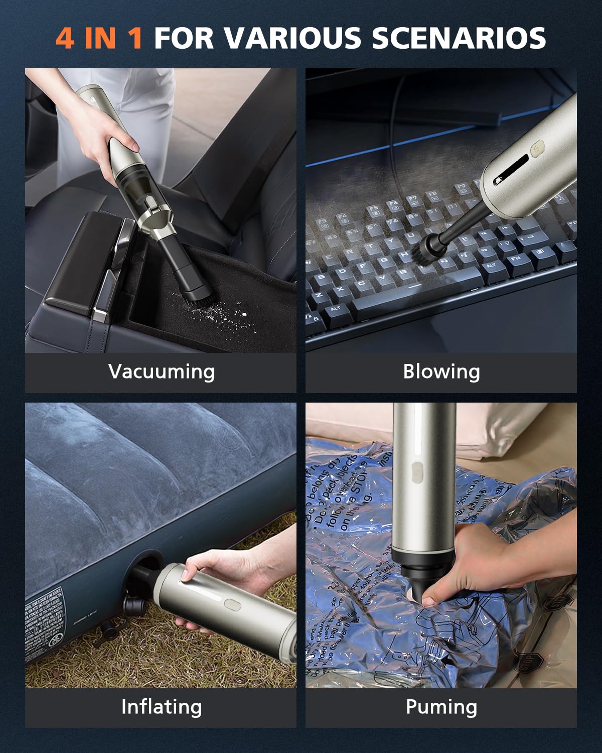 NOVARHOME Car Vacuum Portable with 16000Pa Powerful Suction, Handheld Vacuum Cordless Rechargeable Blow & Suction 4 in 1, Small Vacuum Cleaner for Car, Outdoor, Home, Office (Gold Renew)