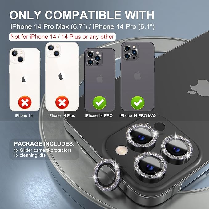 Choiche [3+1 for iPhone 14 Pro/iPhone 14 Pro Max Camera Lens Protector Bling, 9H Tempered Glass Camera Cover Screen Protector Metal Ring Decoration Accessories (Glitter-Black)